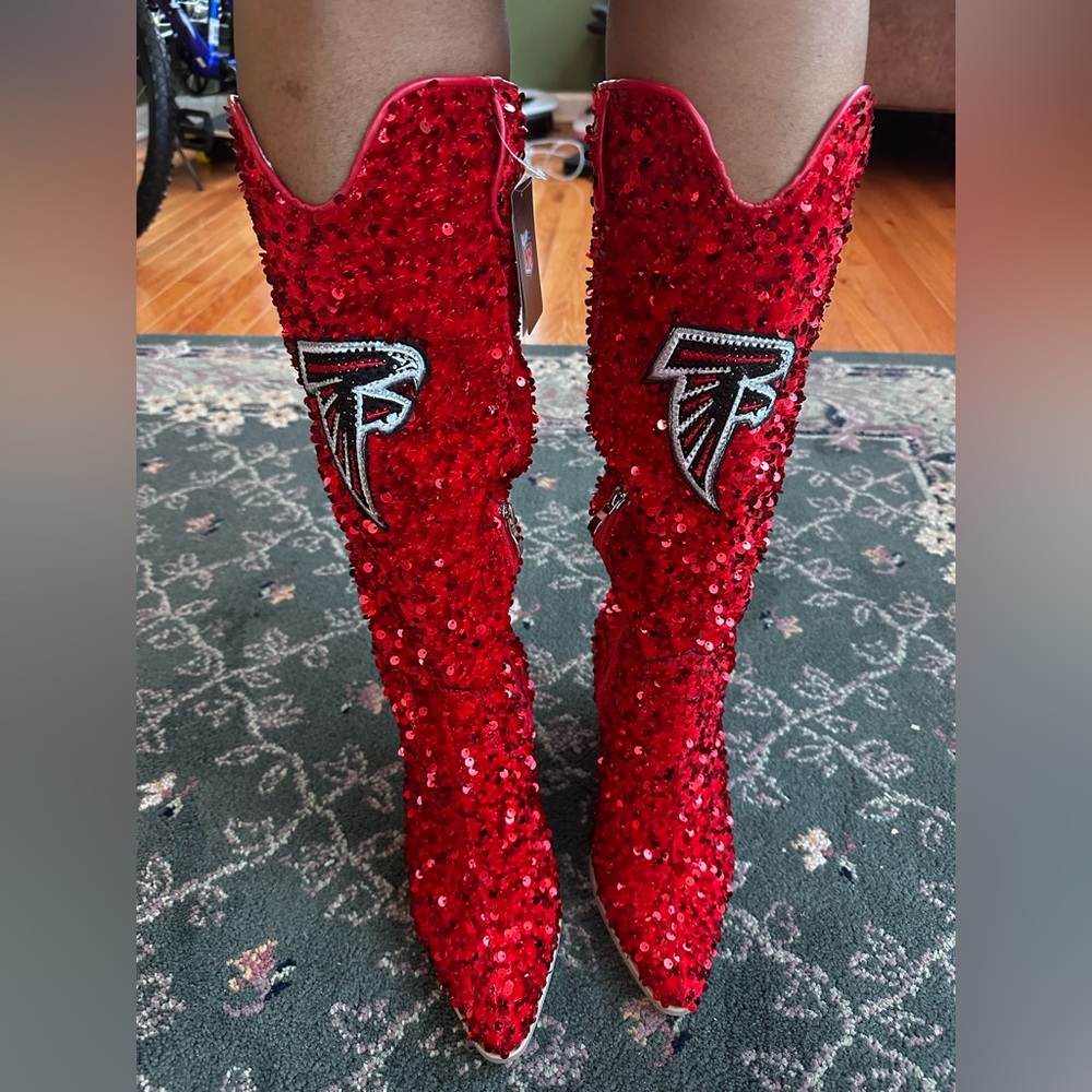 Atlanta Falcons boots size 8 worn in fashion show once. Red sequin boot.